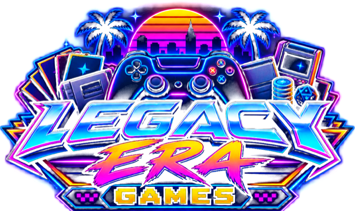 Legacy Era Games logo with a retro controller, handheld console, and trading cards under palm trees.